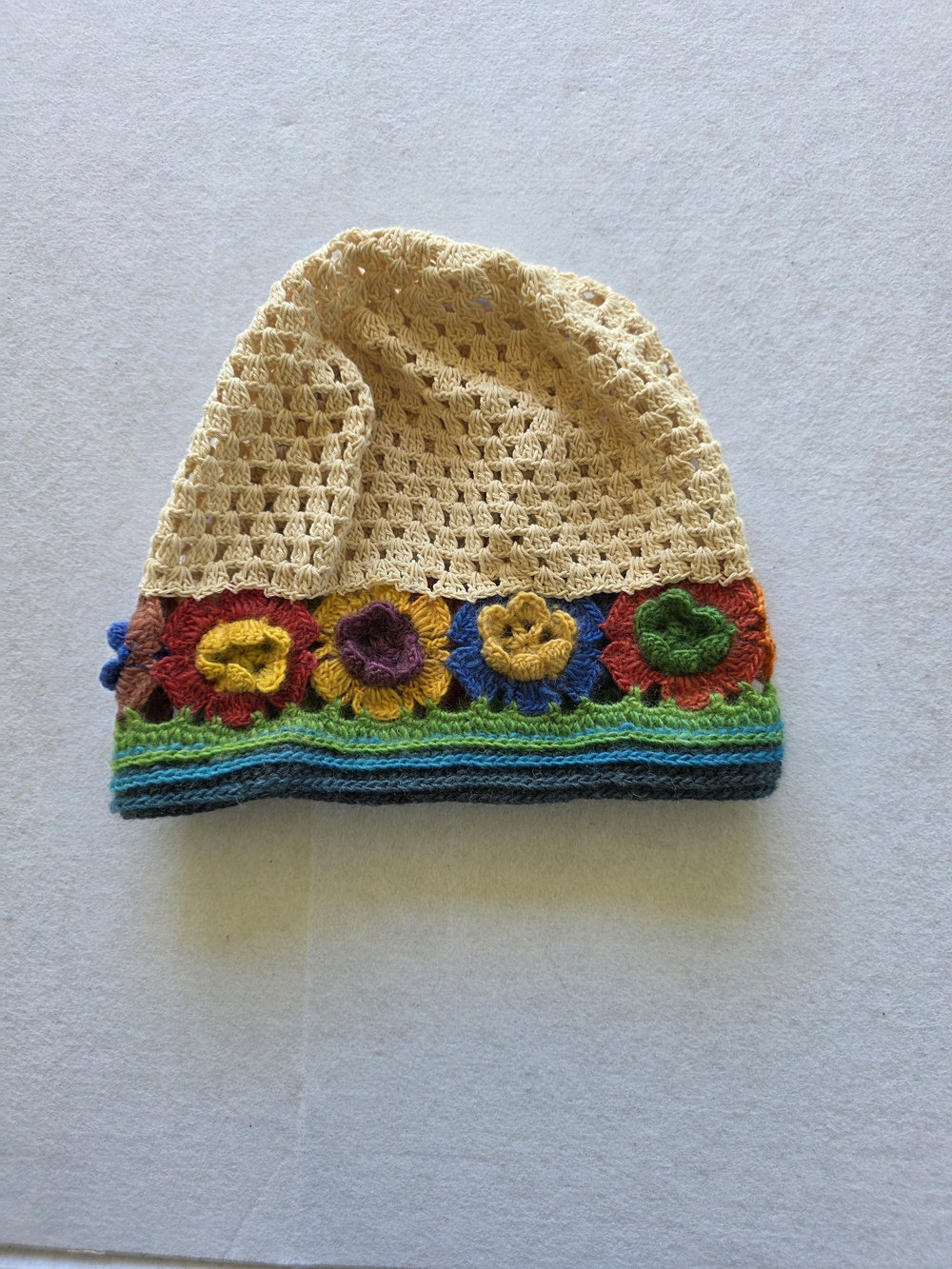Cottagecore Cream Crochet Beanie with Multicolor Flower Band